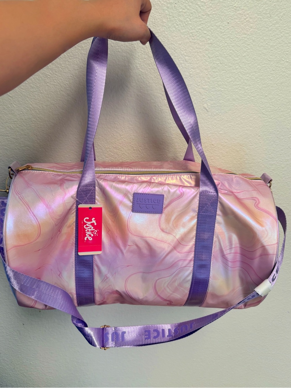 Justice Pink Marble Travel Duffle with Lavender Straps